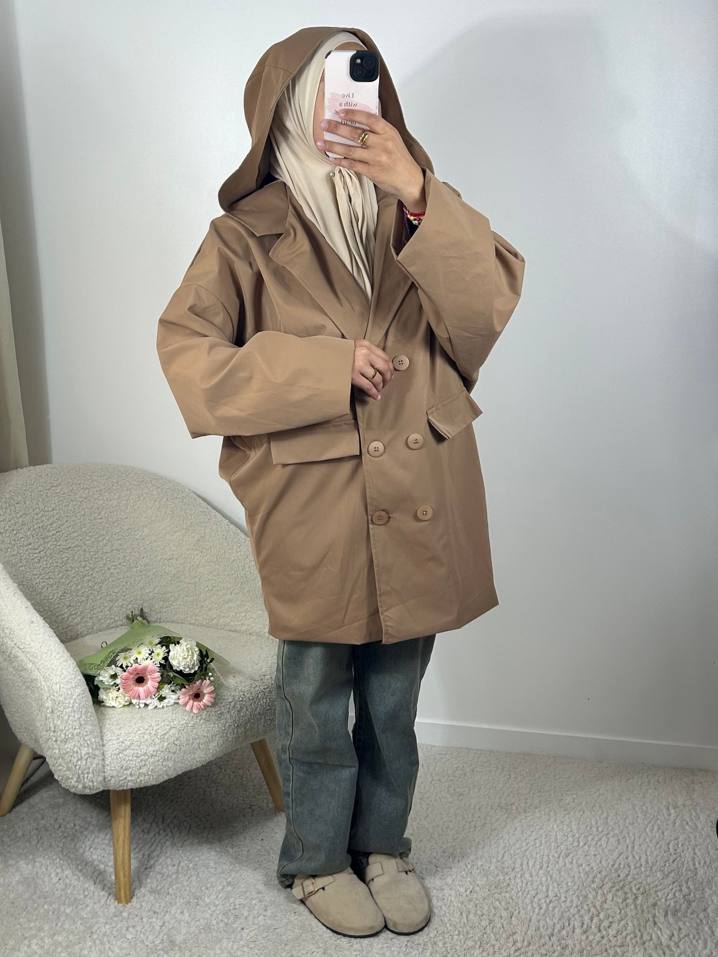 Veste imperméable à capuche camel