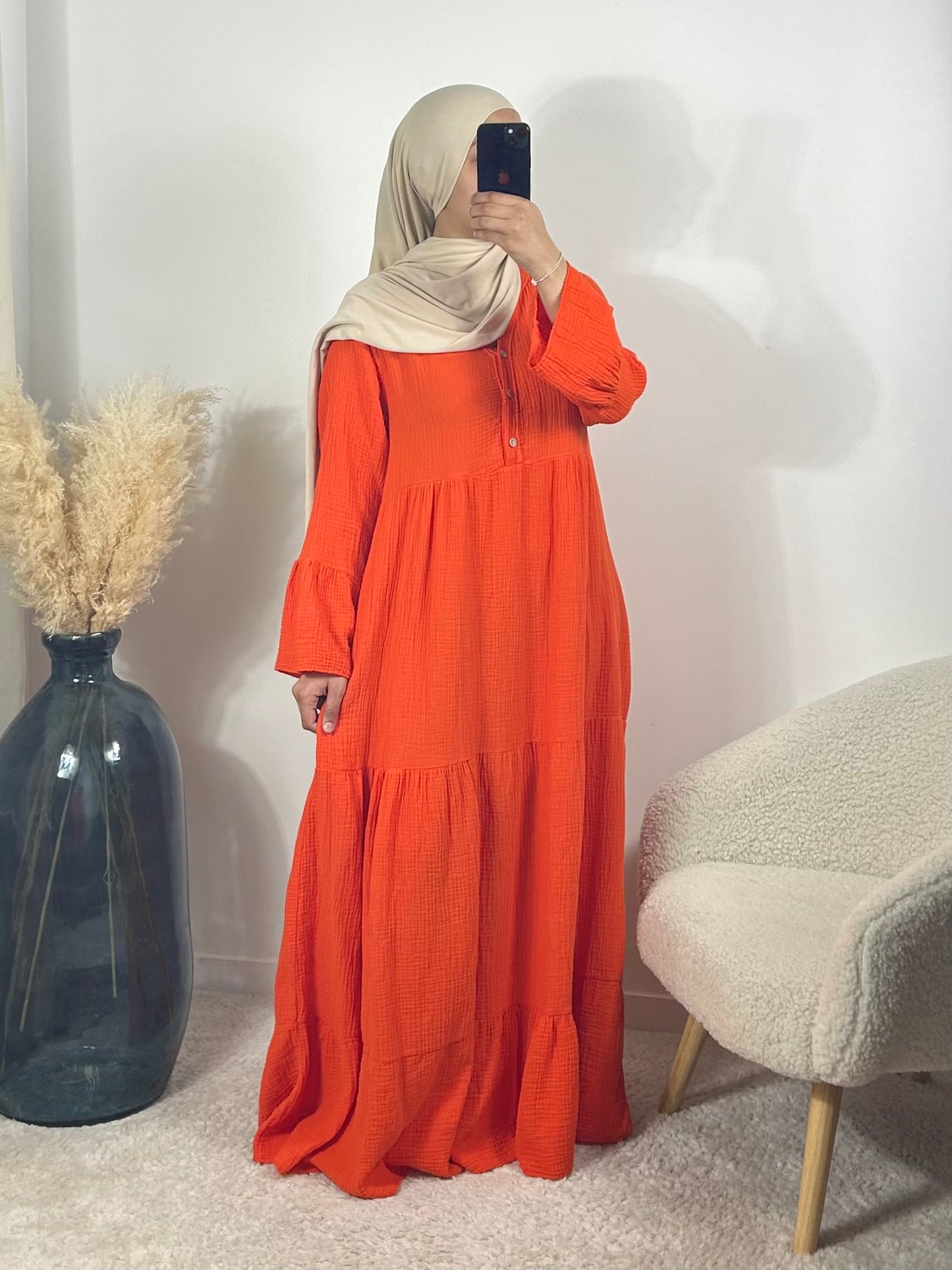 Robe longue gaz de coton orange