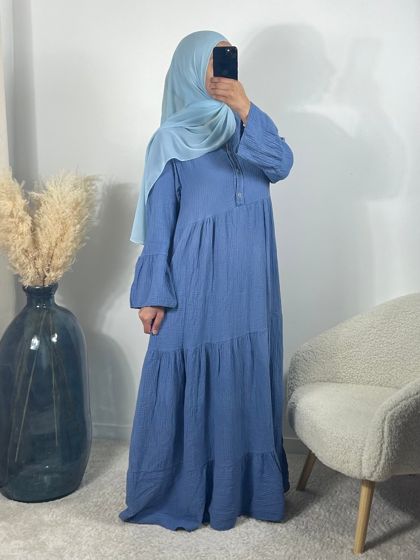 Robe longue gaz de coton bleu