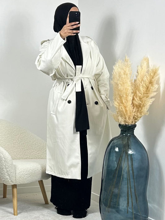 White faux leather trench coat 