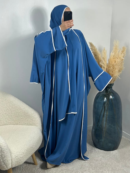 Ensembles 3 pièces Kimono Abaya Voile Bleu